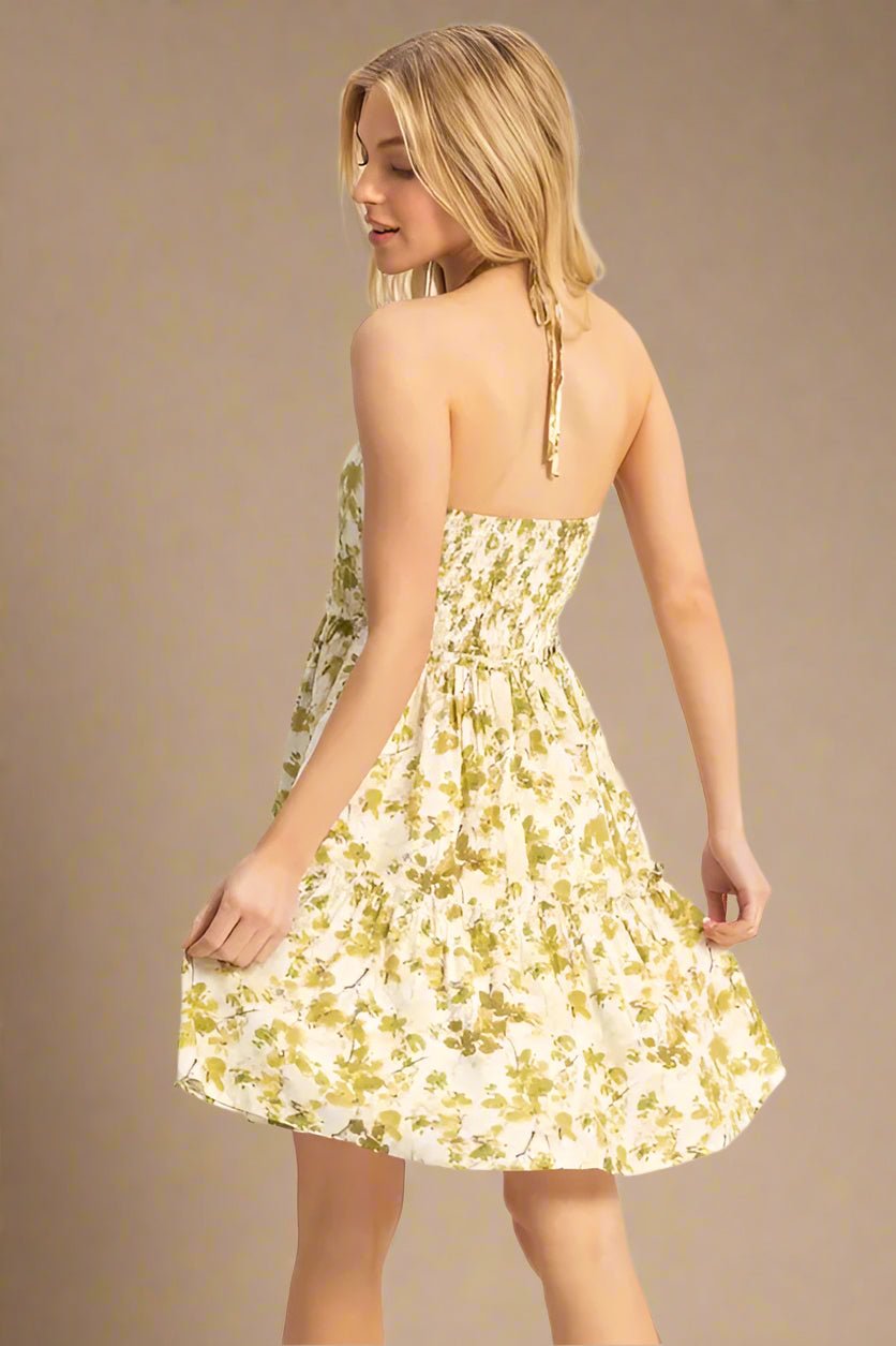 HYFVE - Olive Floral Halter Tiered Mini Dress
