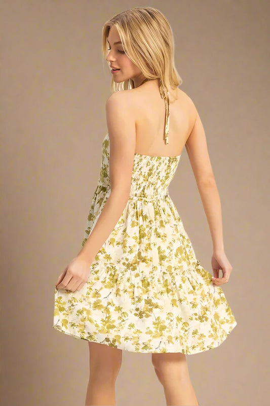 HYFVE - Olive Floral Halter Tiered Mini Dress