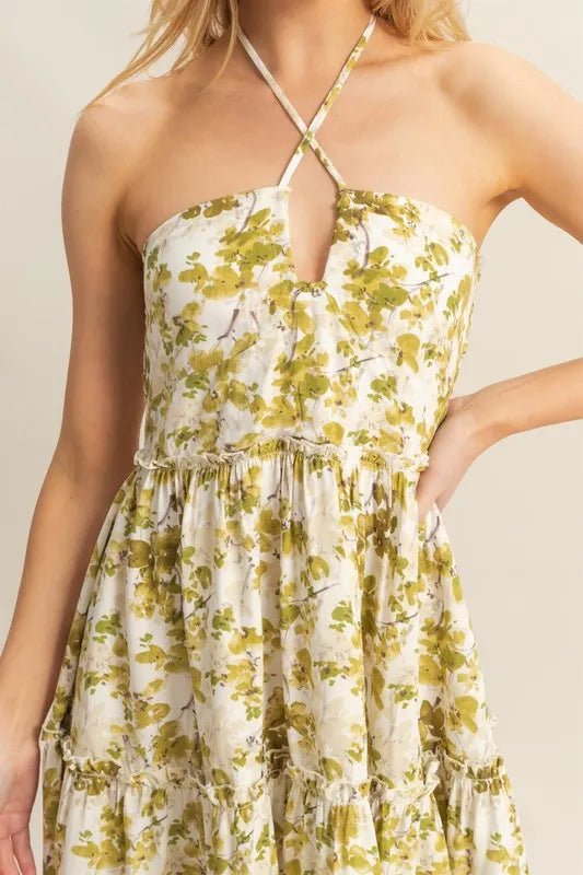 HYFVE - Olive Floral Halter Tiered Mini Dress