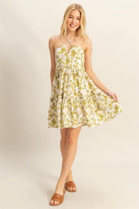 HYFVE - Olive Floral Halter Tiered Mini Dress