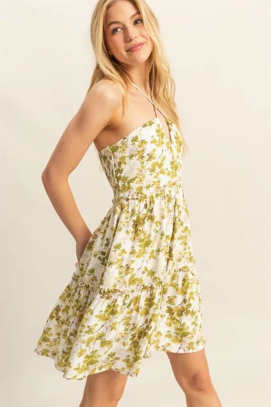 HYFVE - Olive Floral Halter Tiered Mini Dress