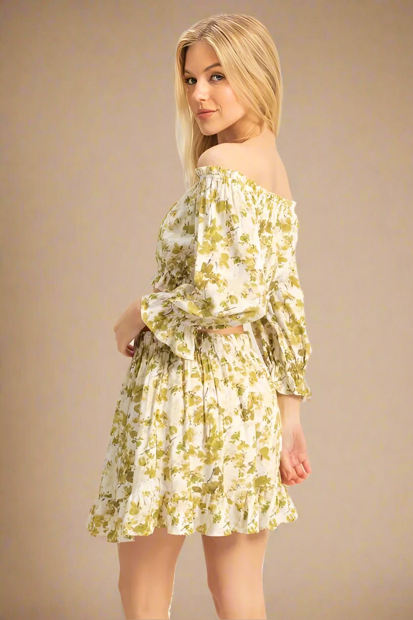 HYFVE - Olive Floral Off - Shoulder Ruffle Mini Skirt Set