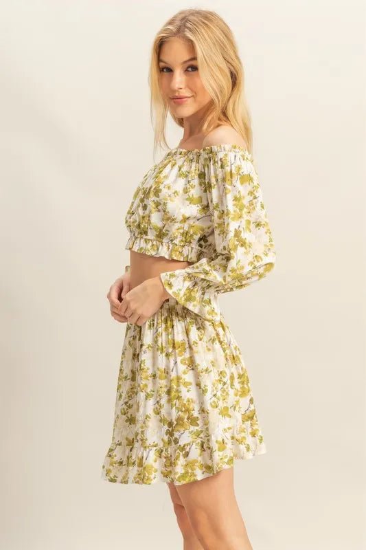 HYFVE - Olive Floral Off - Shoulder Ruffle Mini Skirt Set
