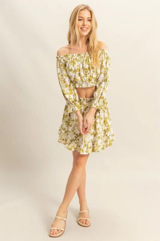 HYFVE - Olive Floral Off - Shoulder Ruffle Mini Skirt Set