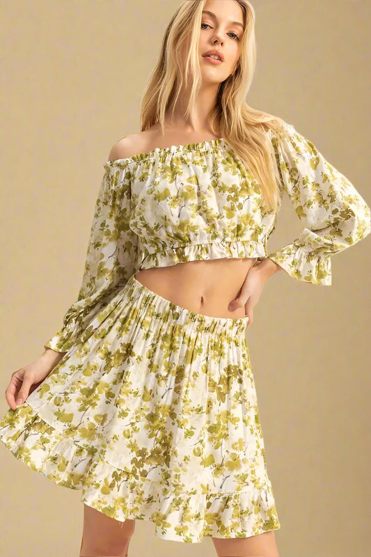 HYFVE - Olive Floral Off - Shoulder Ruffle Mini Skirt Set