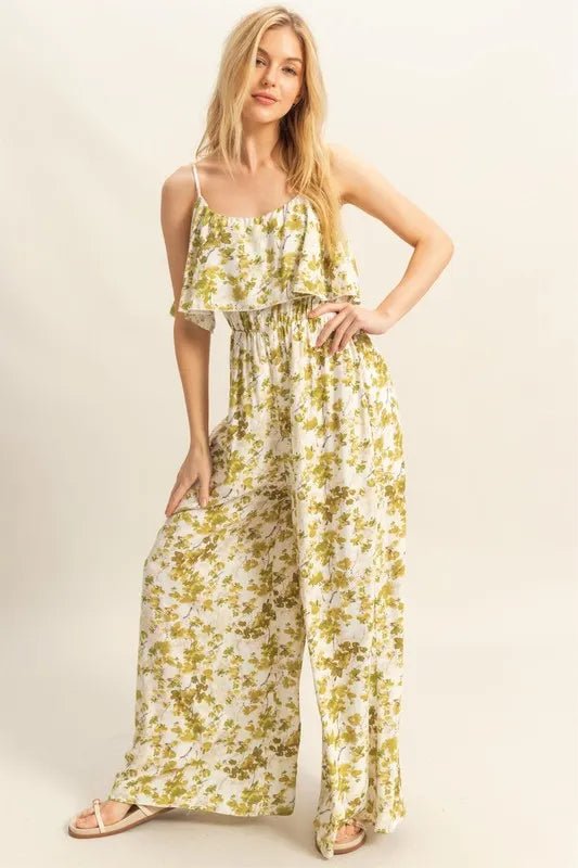HYFVE - Olive Floral Ruffle Wide - Leg Jumpsuit