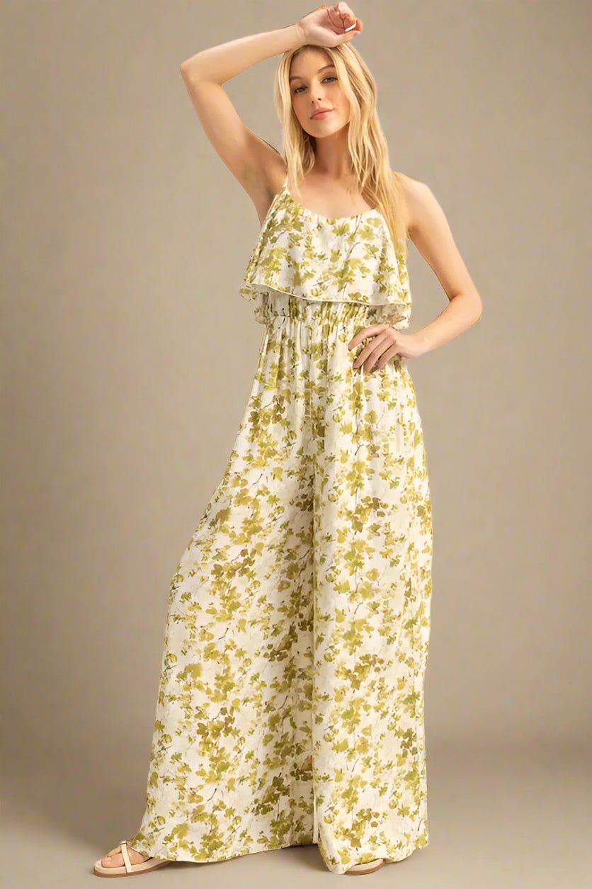 HYFVE - Olive Floral Ruffle Wide - Leg Jumpsuit