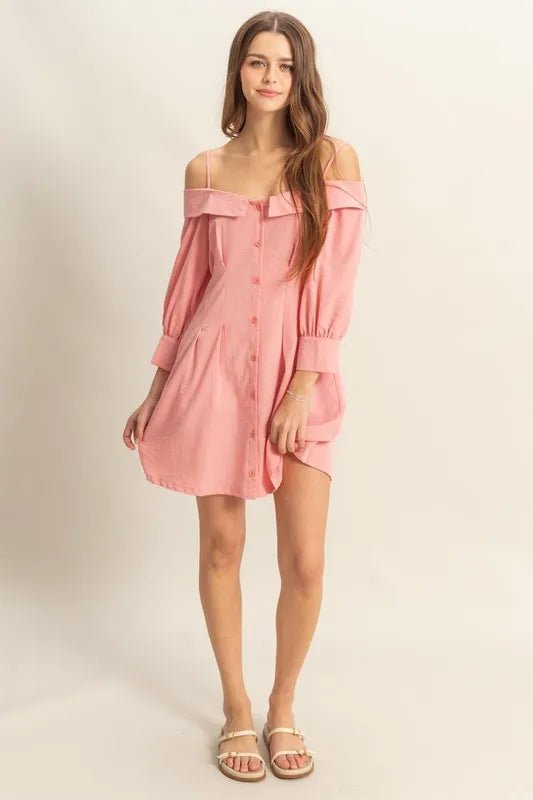 HYFVE - Peony Pink Off - Shoulder Button Mini Dress