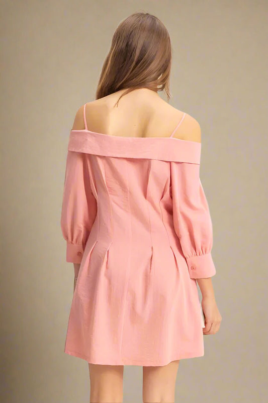 HYFVE - Peony Pink Off - Shoulder Button Mini Dress