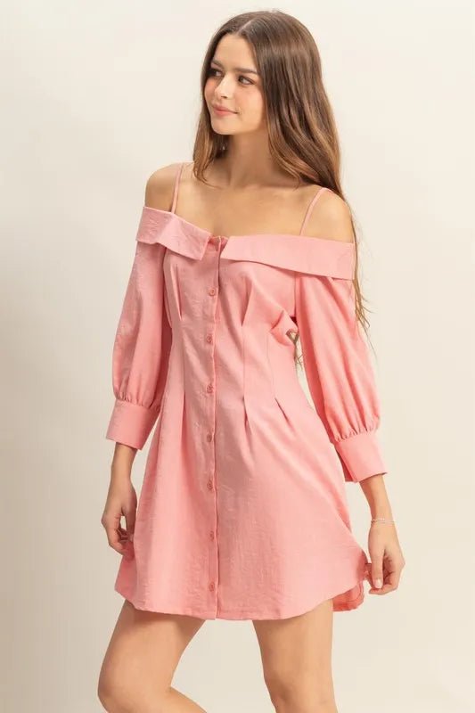HYFVE - Peony Pink Off - Shoulder Button Mini Dress