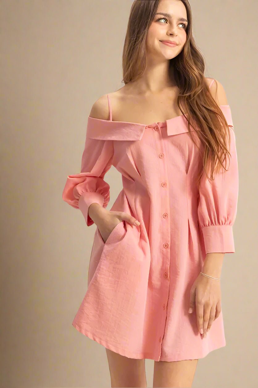 HYFVE - Peony Pink Off - Shoulder Button Mini Dress