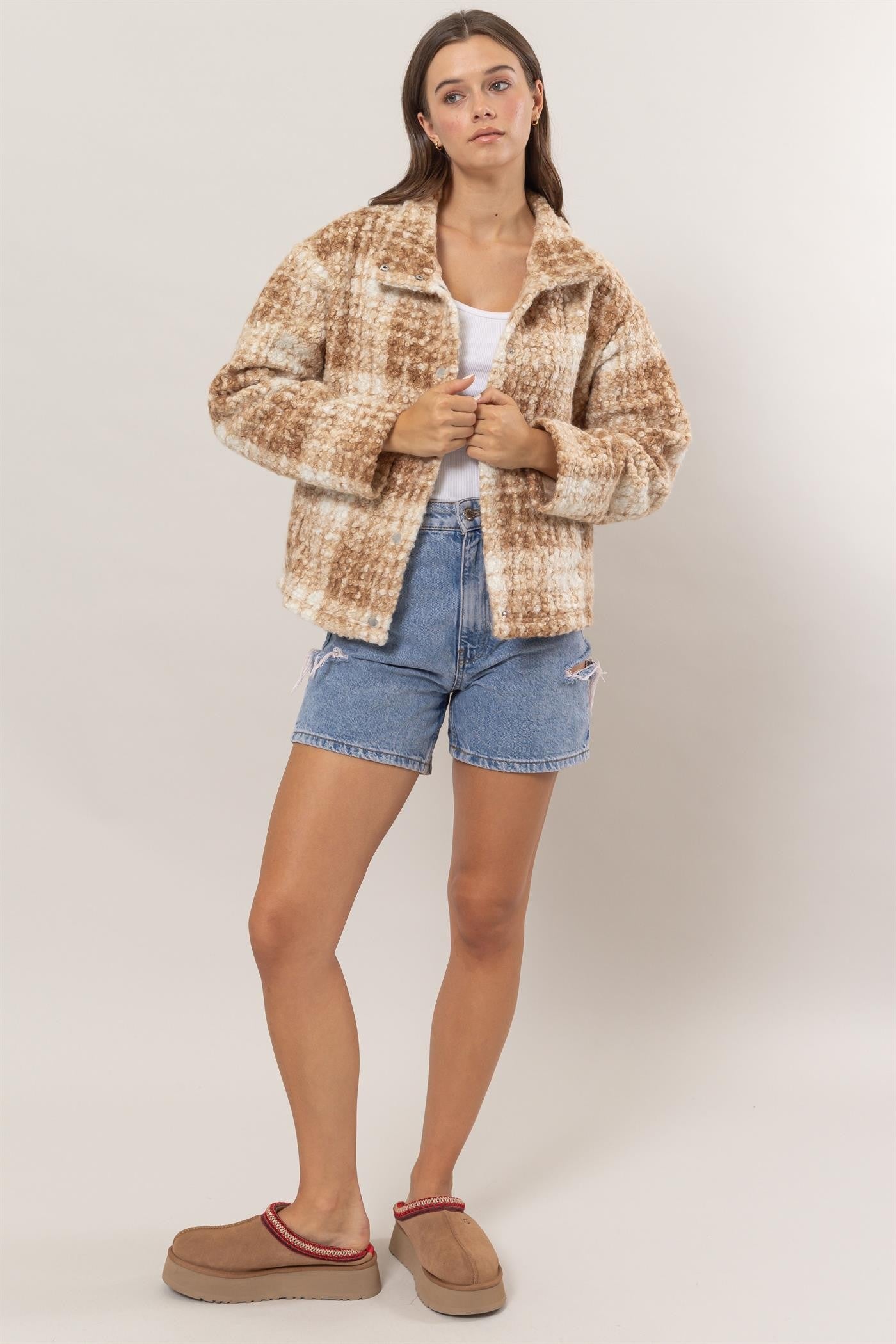 HYFVE - Plaid Bouclé Jacket in Taupe