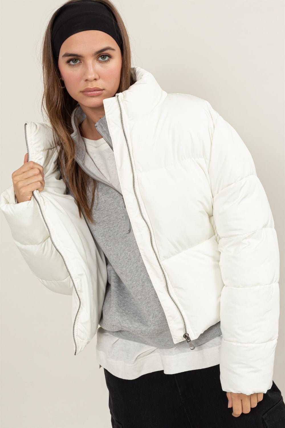 HYFVE - Quilted Back Drawstring Puffer Jacket in Cream