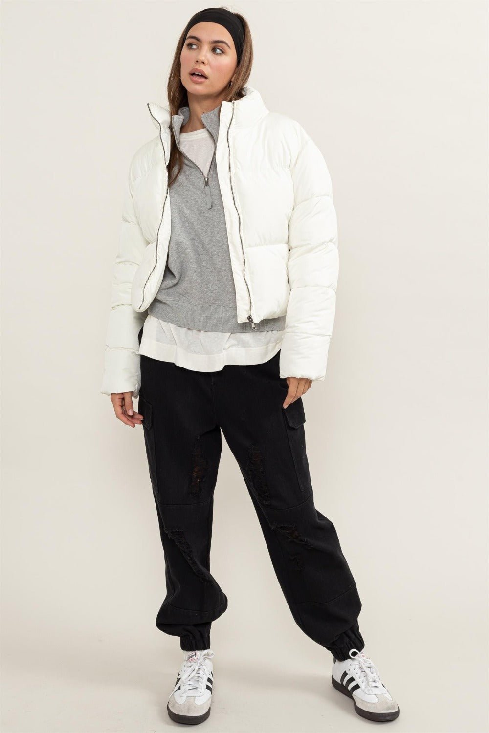 HYFVE - Quilted Back Drawstring Puffer Jacket in Cream