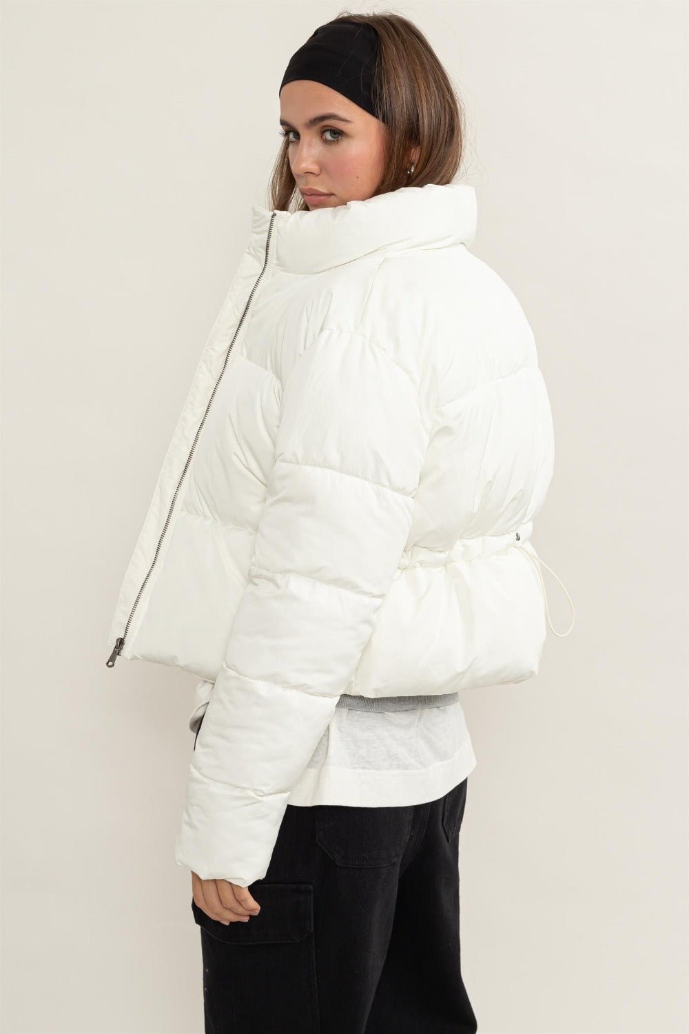 HYFVE - Quilted Back Drawstring Puffer Jacket in Cream