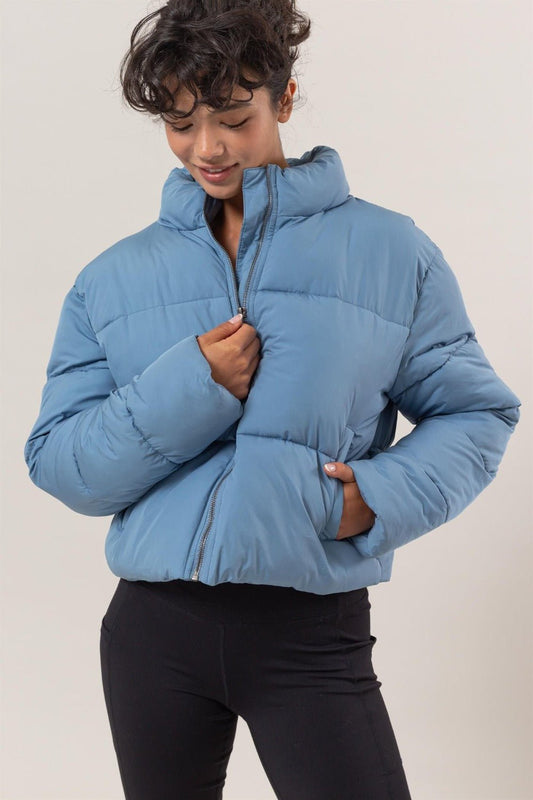 HYFVE - Quilted Back Drawstring Puffer Jacket in Gray Blue