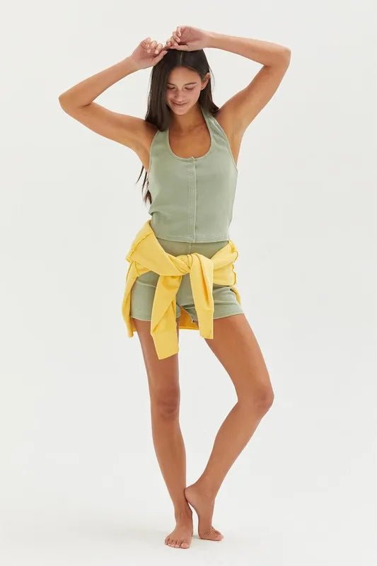 HYFVE - Ribbed Halter Button Tank in Sage