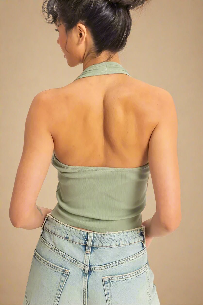 HYFVE - Ribbed Halter Button Tank in Sage