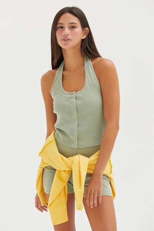 HYFVE - Ribbed Halter Button Tank in Sage