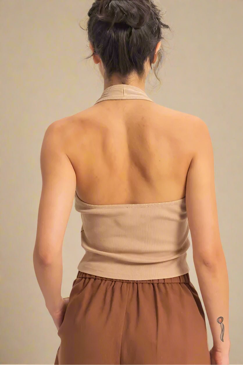 HYFVE - Ribbed Halter Button Tank in Taupe