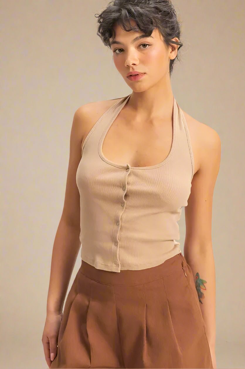 HYFVE - Ribbed Halter Button Tank in Taupe