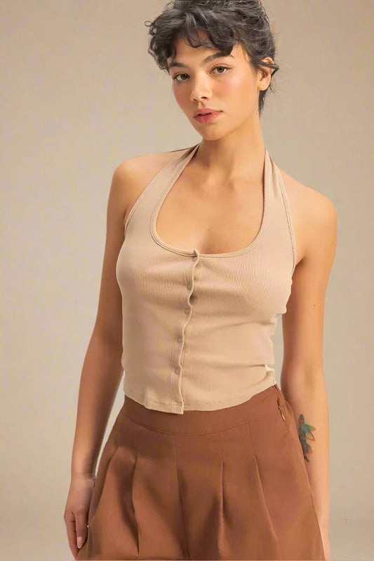 HYFVE - Ribbed Halter Button Tank in Taupe