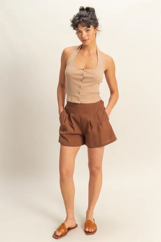 HYFVE - Ribbed Halter Button Tank in Taupe