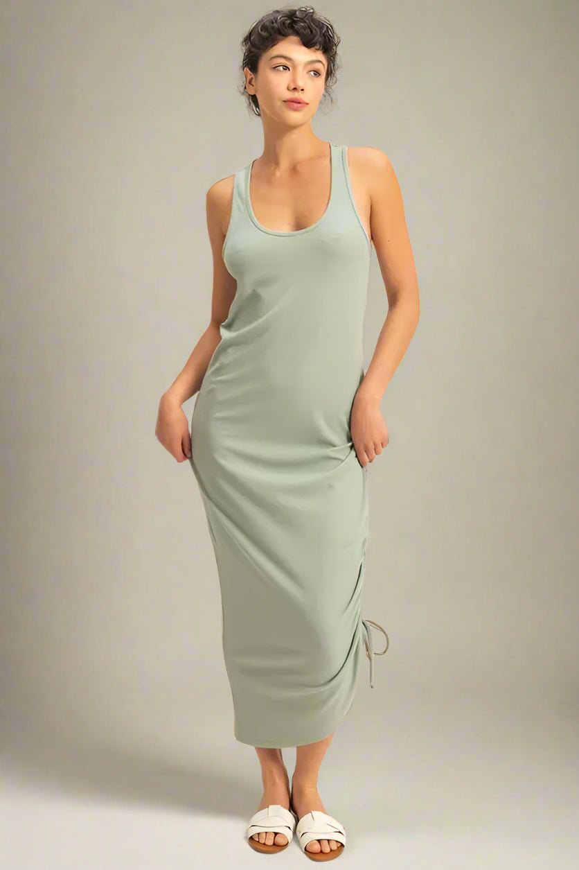 HYFVE - Ruched Tank Midi Dress in Soft Moss Green