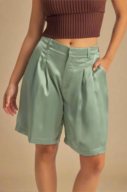 HYFVE - Sage Green Satin Pleated Shorts