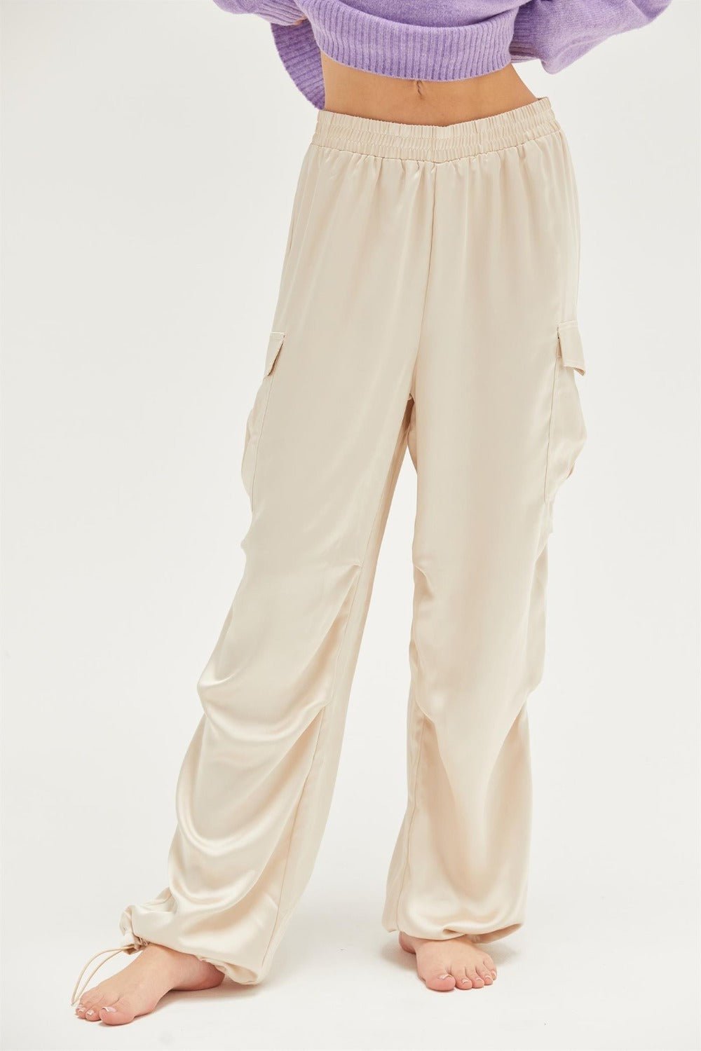 HYFVE - Satin Drawstring Hem Cargo Pants in Alpaca