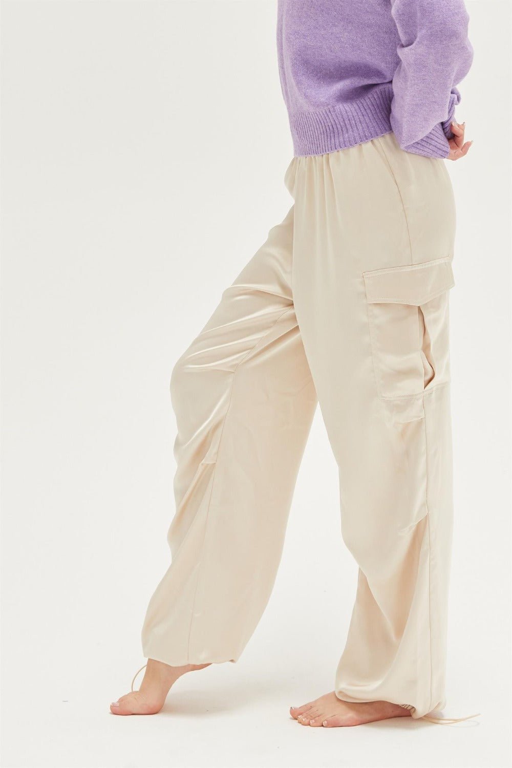 HYFVE - Satin Drawstring Hem Cargo Pants in Alpaca