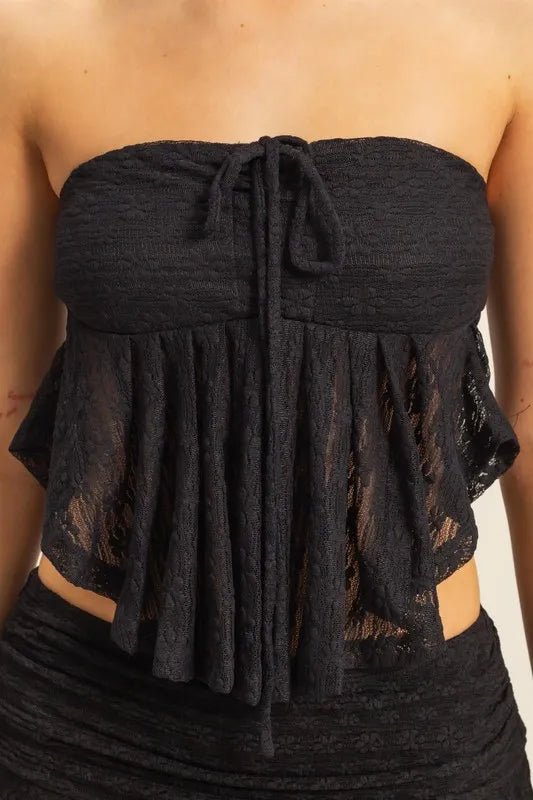 HYFVE - Sheer Tie Front Strapless Crop Top in Black