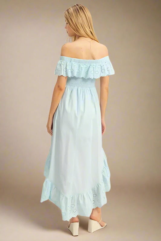 HYFVE - Sky Blue Eyelet Ruffle High - Low Midi Dress