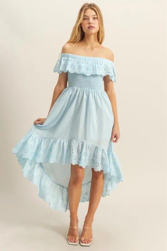 HYFVE - Sky Blue Eyelet Ruffle High - Low Midi Dress