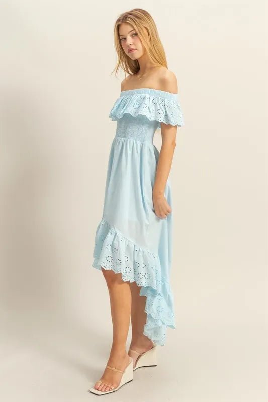 HYFVE - Sky Blue Eyelet Ruffle High - Low Midi Dress