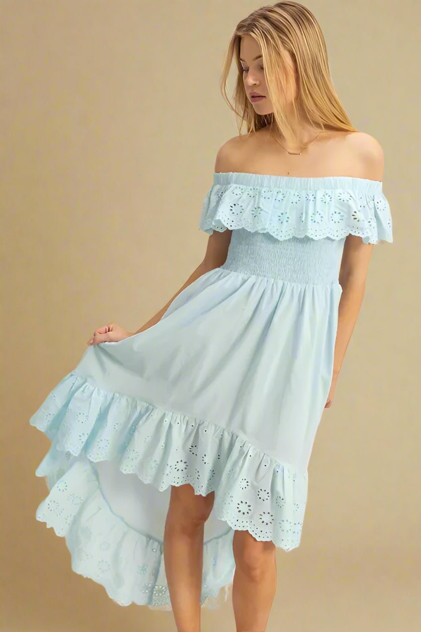 HYFVE - Sky Blue Eyelet Ruffle High - Low Midi Dress
