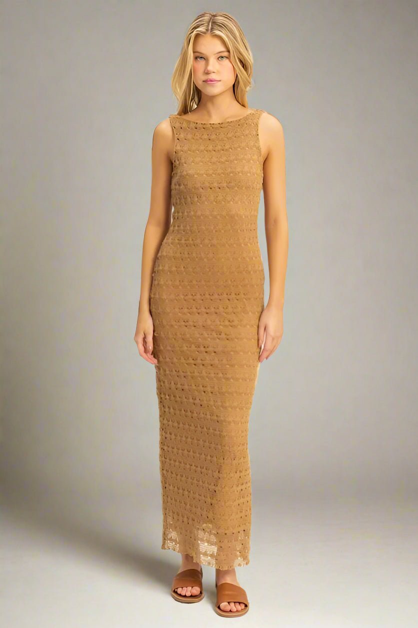 HYFVE - Sleeveless Crochet Knit Maxi Dress in Golden Camel