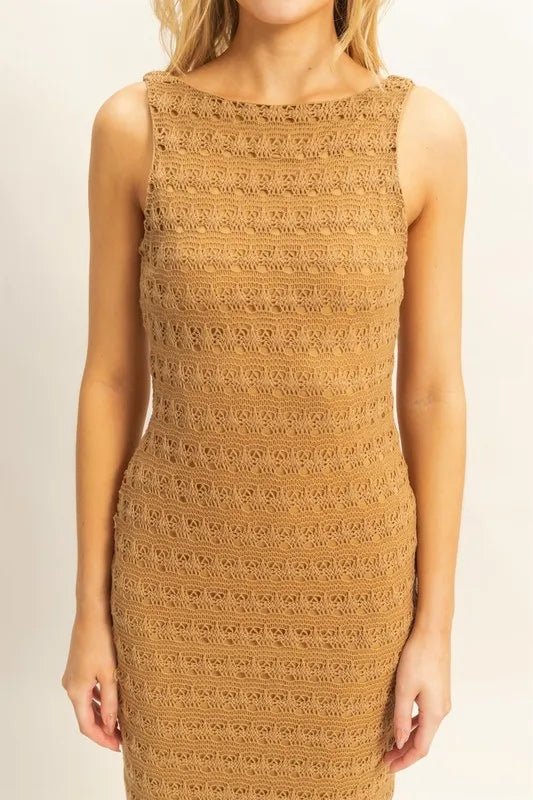 HYFVE - Sleeveless Crochet Knit Maxi Dress in Golden Camel