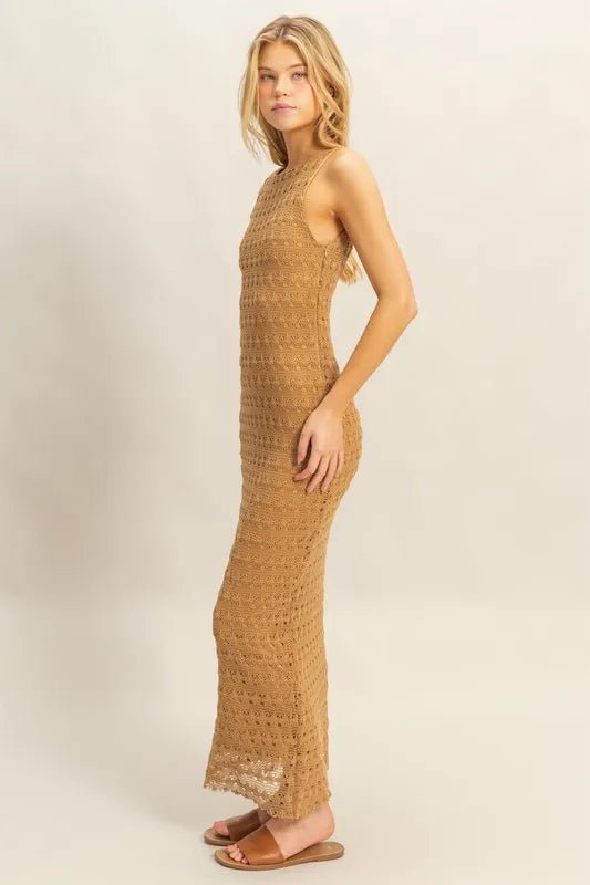 HYFVE - Sleeveless Crochet Knit Maxi Dress in Golden Camel