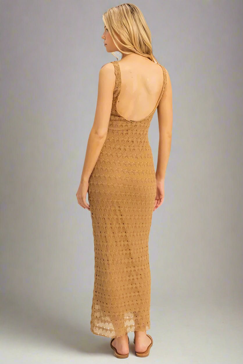 HYFVE - Sleeveless Crochet Knit Maxi Dress in Golden Camel