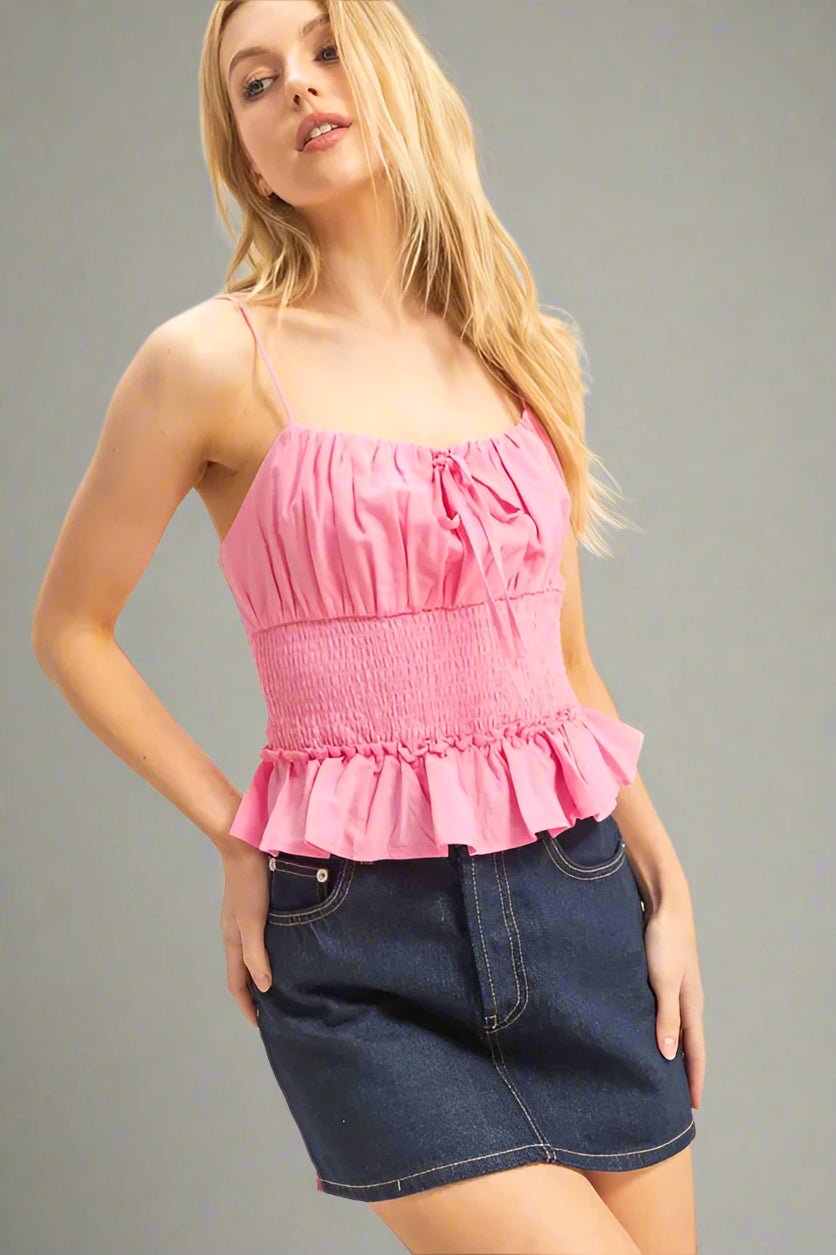 HYFVE - Smocked Peplum Spaghetti Strap Top in Bright Pink