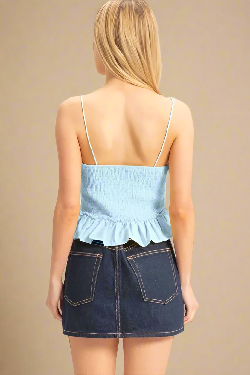 HYFVE - Smocked Peplum Spaghetti Strap Top in Soft Sky Blue
