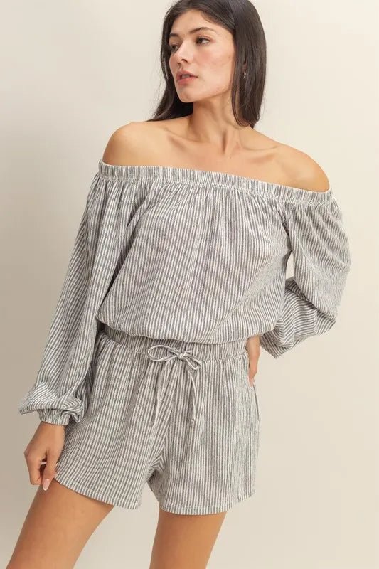 HYFVE - Soft Charcoal Stripe Off Shoulder Shorts Set