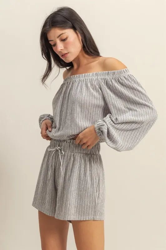 HYFVE - Soft Charcoal Stripe Off Shoulder Shorts Set