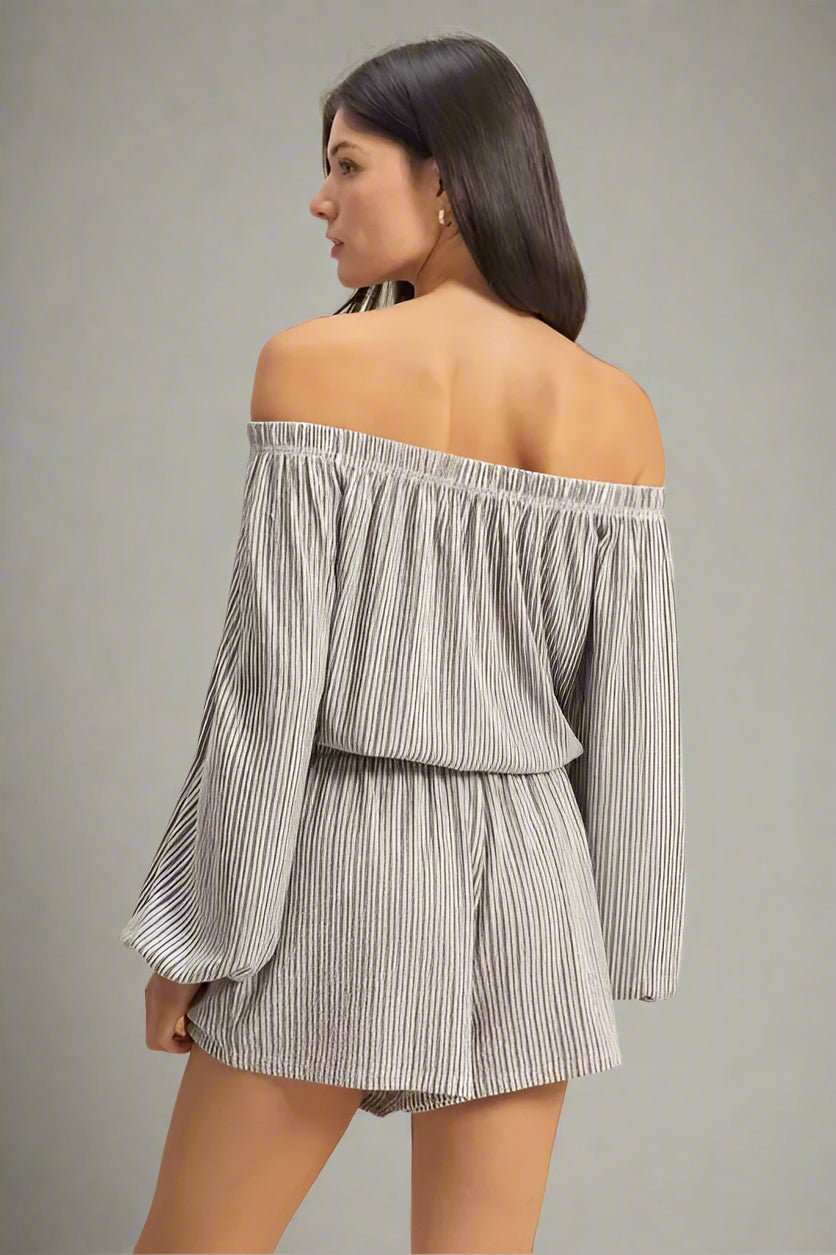 HYFVE - Soft Charcoal Stripe Off Shoulder Shorts Set