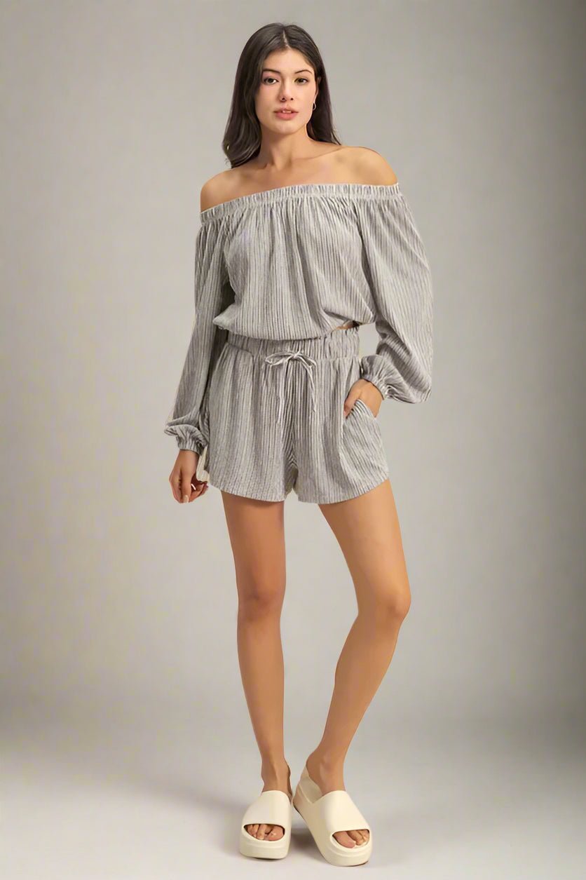 HYFVE - Soft Charcoal Stripe Off Shoulder Shorts Set