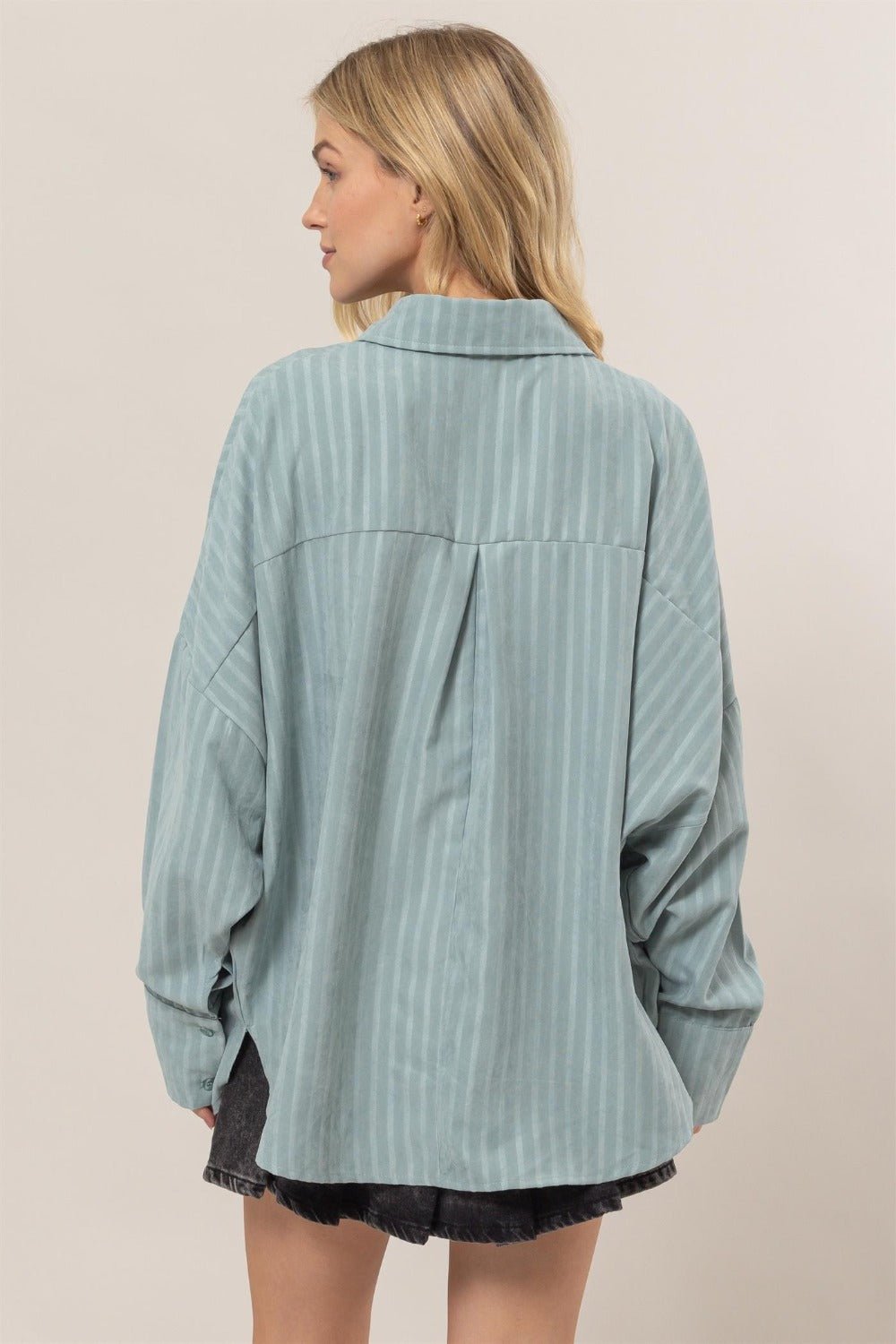 HYFVE - Striped Button Down Oversized Shirt in Dusty Aqua