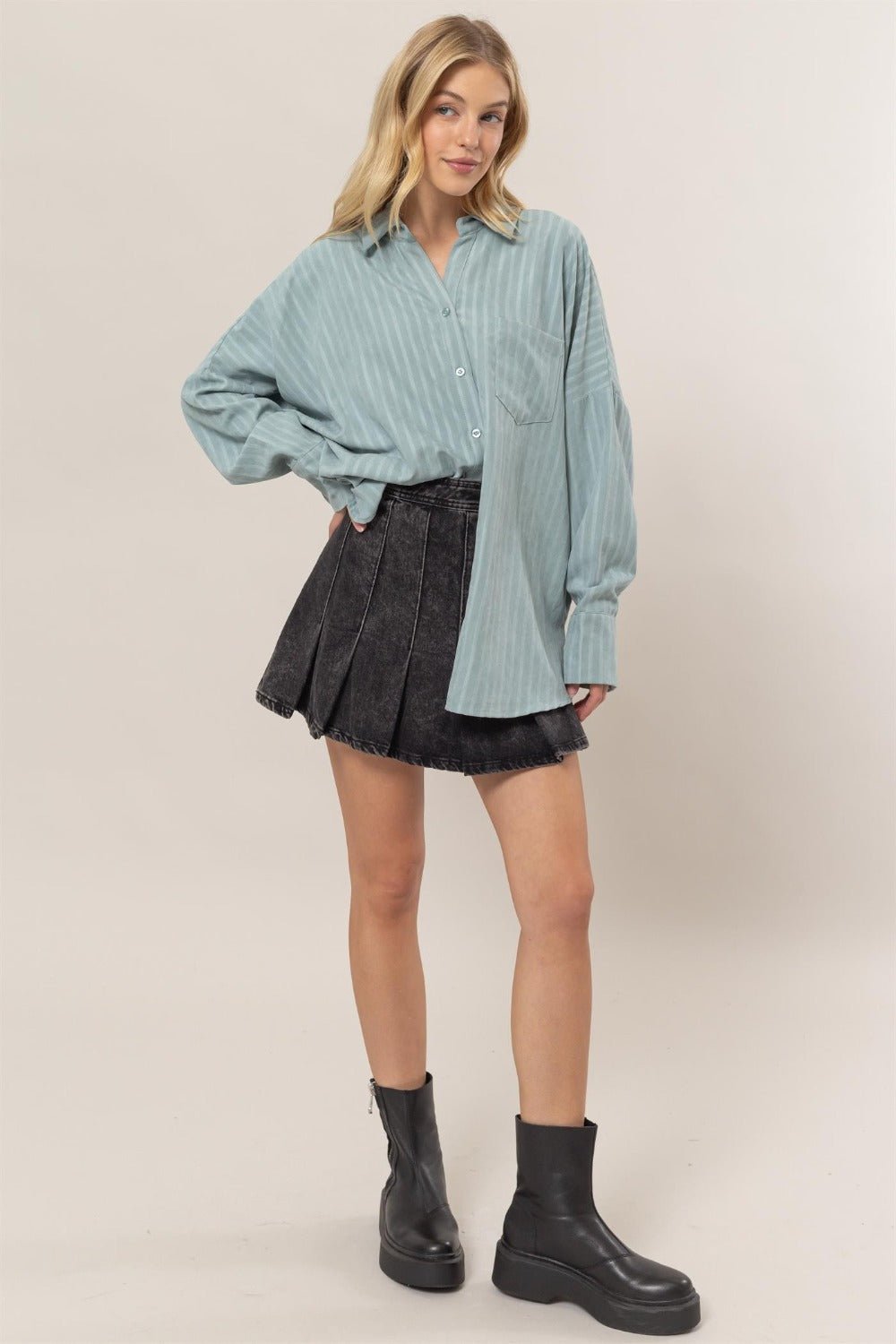 HYFVE - Striped Button Down Oversized Shirt in Dusty Aqua