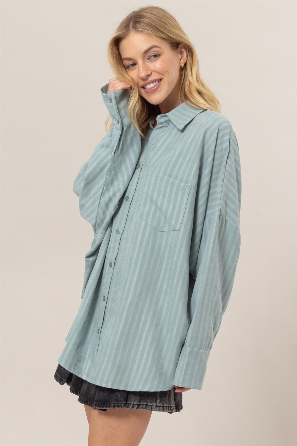 HYFVE - Striped Button Down Oversized Shirt in Dusty Aqua