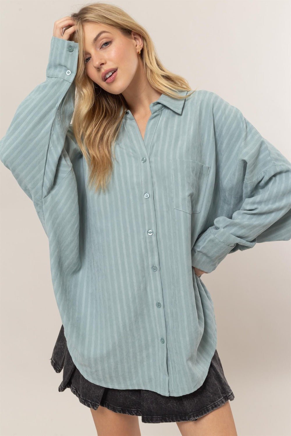 HYFVE - Striped Button Down Oversized Shirt in Dusty Aqua